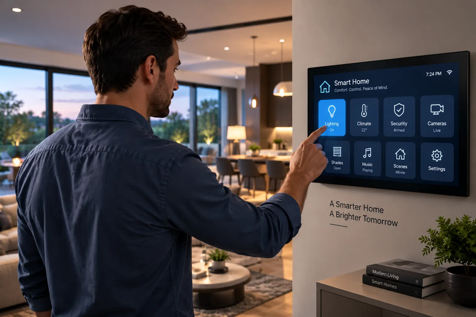 Smart home living room with a wall-mounted control panel